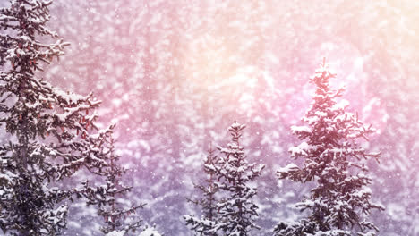 Spots-of-light-against-snow-falling-over-multiple-trees-on-winter-landscape