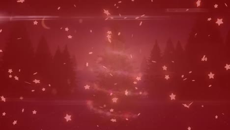 Animation-of-stars-falling-and-christmas-tree-over-winter-landscape-background-with-red-filter