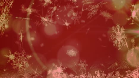 Mehrere-Schneeflocken-Symbole-Fallen-Gegen-Lichtflecken-Auf-Rotem-Hintergrund