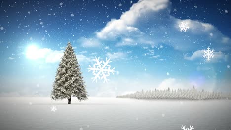 Snowflakes-falling-over-christmas-tree-on-winter-landscape-against-clouds-in-the-blue-sky