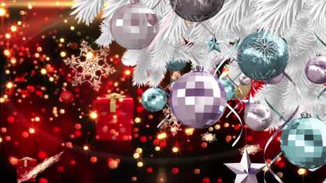Animation-of-christmas-boubles-with-presents,-snow-and-stars-falling-over-red-background