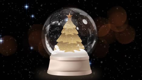 Animation-of-glass-ball-with-christmas-tree,-stars-falling-over-dark-background