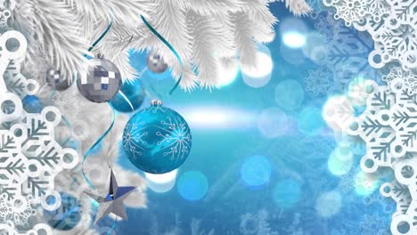 Animation-of-christmas-boubles-and-snow-falling-over-blue-background-with-bokeh