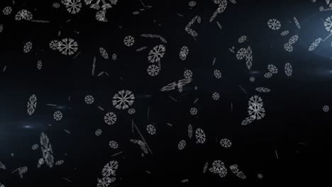Animation-of-falling-snow-over-fireworks-on-dark-background