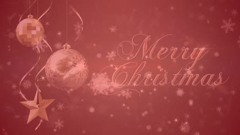 Animation-of-merry-christmas-text-with-christmas-balls-over-background-with-red-filter