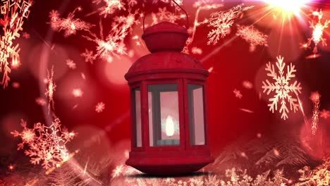 Animation-of-lantern-over-snow-falling-on-red-background