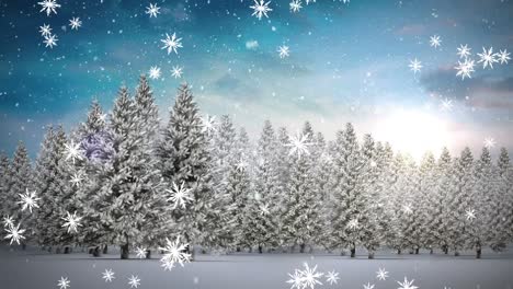 Schneeflocken-Symbole-Fallen-über-Mehrere-Bäume-In-Der-Winterlandschaft-Vor-Blauem-Himmel