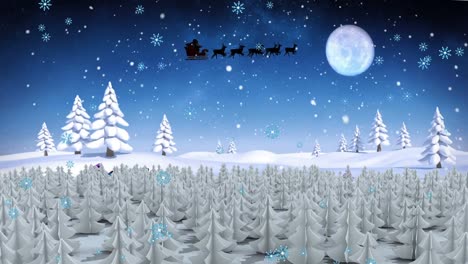 Animation-of-santa-claus-in-sleigh-with-reindeer,-snow-falling,-moon-and-christmas-decorations