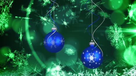 Animation-of-christmas-baubles-over-snow-falling-on-green-background