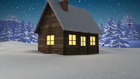 Animation-Von-Schnee,-Der-In-Einer-Winterlandschaft-über-Das-Haus-Fällt
