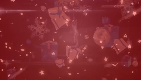 Animation-of-stars,-christmas-presents,-balls-and-snow-falling-over-bokeh-background-with-red-filter