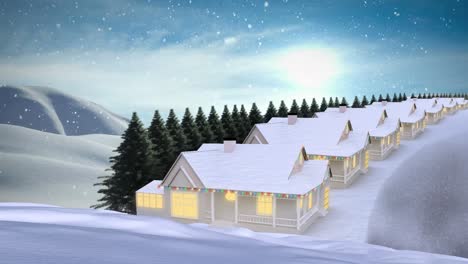 Schnee-Fällt-über-Die-Winterlandschaft-Mit-Mehreren-Häusern-Und-Bäumen