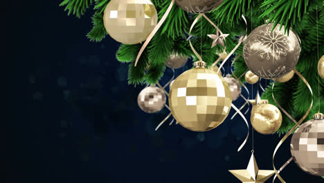 Animation-of-christmas-baubles-over-fireworks-on-dark-background