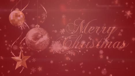 Animation-of-merry-christmas-text-with-christmas,-balls-over-background-with-red-filter