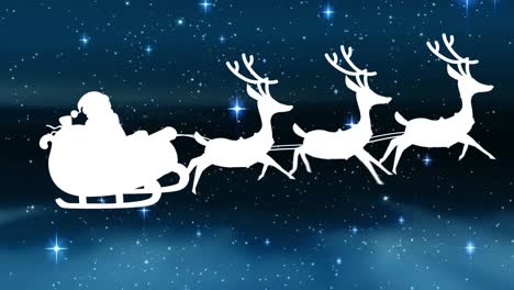 Animation-of-santa-claus-in-sleigh-with-reindeer-and-stars-falling-over-dark-background