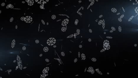 Animation-of-falling-snowflakes-and-fireworks-over-dark-background
