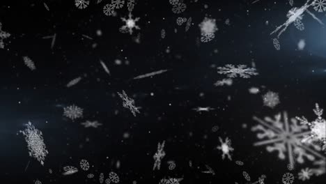 Schneeflocken-Symbole-Schweben-Vor-Lichtflecken-Vor-Schwarzem-Hintergrund