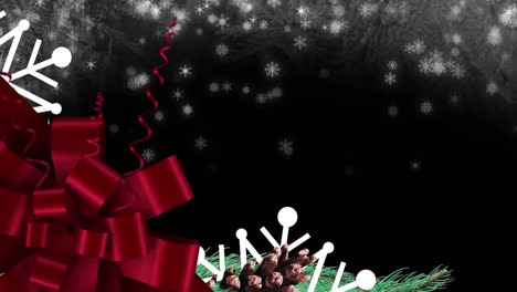 Animation-of-christmas-decorations,-snow-falling-over-dark-background