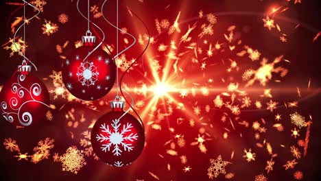 Animation-of-christmas-boubles-and-snow-falling-and-glowing-light-over-red-background