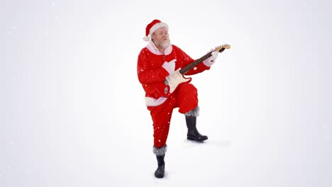 Schnee-Fällt-über-Den-Weihnachtsmann,-Der-Vor-Grauem-Hintergrund-Eine-E-Gitarre-Spielt
