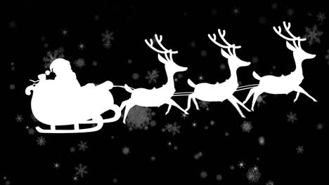 Weihnachtsmann-Im-Schlitten-Wird-Von-Rentieren-Vor-Schneeflocken-Symbolen-Gezogen,-Die-Auf-Schwarzen-Hintergrund-Fallen