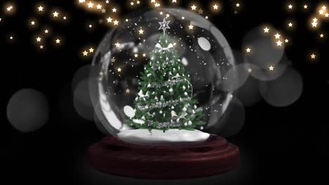 Sternschnuppe-Um-Einen-Weihnachtsbaum-In-Einer-Schneekugel-Vor-Fallenden-Sternsymbolen-Auf-Schwarzem-Hintergrund