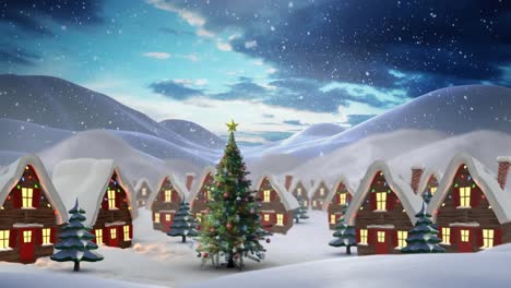 Animation-of-snow-falling-over-over-houses-and-christmas-tree-in-winter-scenery