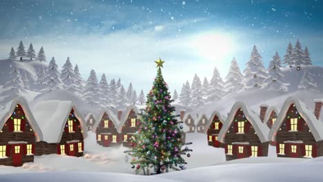 Animation-of-snow-falling-over-over-houses-and-christmas-tree-in-winter-scenery