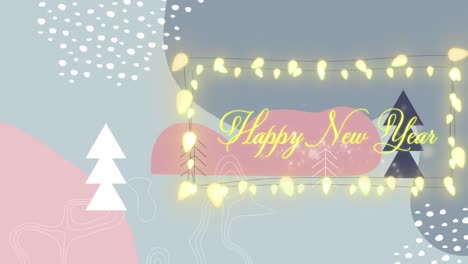 Animation-of-christmas-greetings-in-fairy-lights-frame-over-christmas-trees-and-snow-background