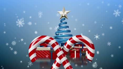 Animation-Von-Zuckerstangen,-Weihnachtsbaum-Mit-Geschenken-Und-Schnee,-Der-Auf-Blauen-Hintergrund-Fällt
