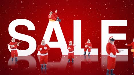 Mehrere-Weihnachtsmänner-über-Verkaufstext-Vor-Rotem-Hintergrund