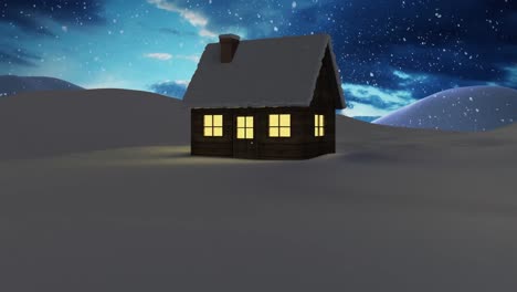 Animation-Von-Schnee,-Der-In-Der-Nächtlichen-Winterlandschaft-über-Das-Haus-Fällt
