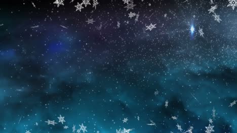 Animation-of-first-star-over-snow-falling-on-dark-background