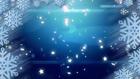 Animation-of-stars-and-snow-falling-over-green-background