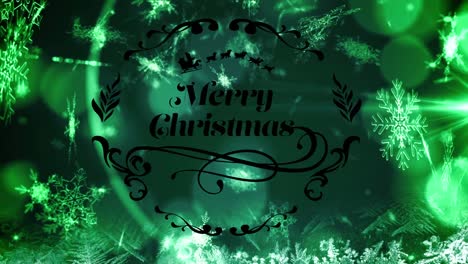 Merry-christmas-text-banner-against-snowflakes-and-green-spots-of-light-on-black-background