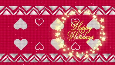 Animation-of-christmas-greetings-in-fairy-lights-frame-over-red-christmas-pattern-background