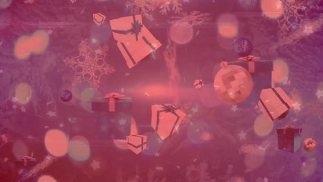 Snowflakes,-christmas-baubles-and-gift-icons-falling-over-spots-of-light-against-red-background