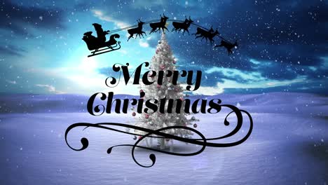 Texto-De-Feliz-Navidad-Y-Papá-Noel-En-Trineo-Tirado-Por-Renos-Contra-El-árbol-De-Navidad