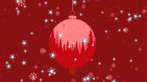 Multiple-snowflakes-and-stars-icons-falling-over-hanging-bauble-decoration-on-red-background