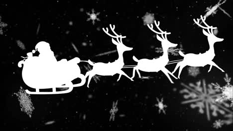 Santa-claus-in-sleigh-being-pulled-by-reindeers-over-snowflakes-icons-floating-on-black-background