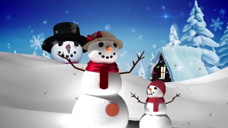 Animation-of-snow-falling-over-smiling-mother-and-child-snowman-in-winter-scenery
