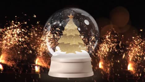 Animation-of-falling-stars-and-snow-globe-with-christmas-tree-over-fireworks-on-dark-background