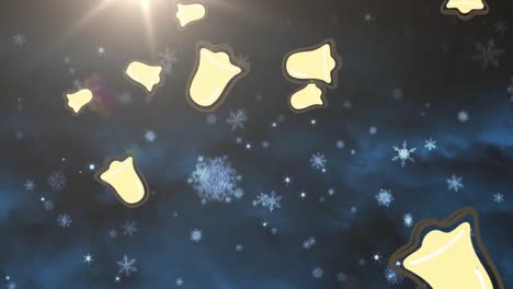 Multiple-christmas-bell-icons-falling-against-snowflakes-icons-and-spot-of-light-on-blue-background
