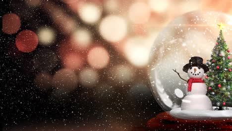 Snow-falling-over-snowman-and-christmas-tree-in-a-snow-globe-against-spots-of-light