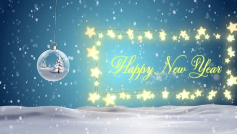 Animation-of-christmas-greetings-in-fairy-lights-frame-over-winter-landscape-background