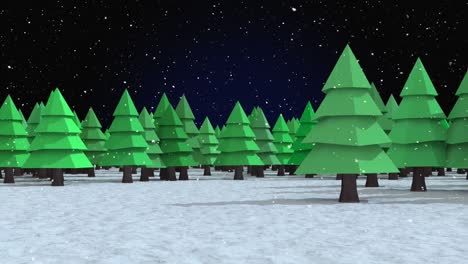 Schnee-Fällt-über-Mehrere-Baumsymbole-In-Der-Winterlandschaft-Vor-Blauem-Hintergrund