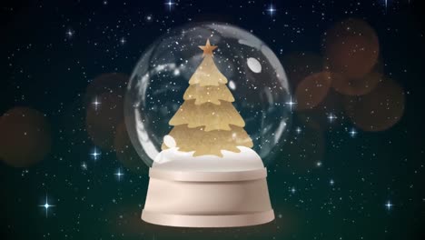 Animation-of-glass-ball-with-christmas-tree,-stars-falling-over-dark-background