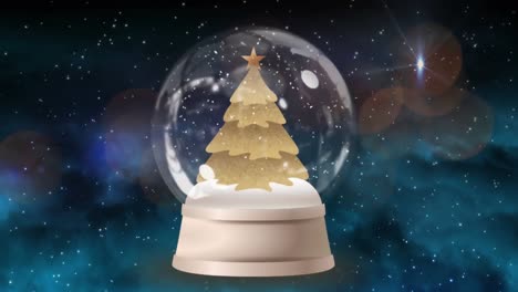 Golden-shooting-star-around-christmas-tree-in-a-snow-globe-against-shining-stars-on-blue-background