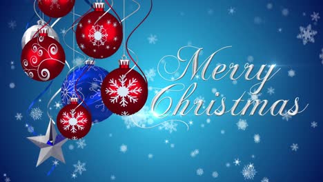 Animation-of-merry-christmas-text-with-christmas-baubles-decoration-with-snow-falling