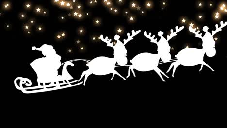 Santa-claus-in-sleigh-being-pulled-by-reindeers-over-star-icons-falling-against-black-background